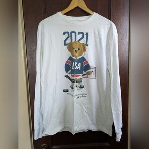 2021 Polo Ralph Lauren Polo Bear USA Hockey White Long Sleeve Shirt , Medium